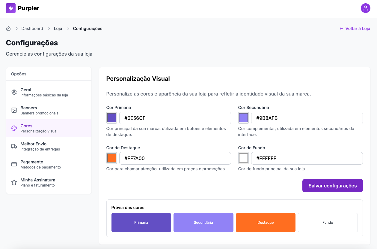 Tela de configurações da plataforma